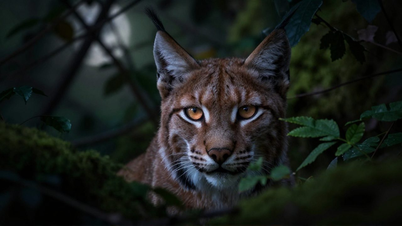 Primer plano de un lince ibérico observando con alerta a través del follaje oscuro de un bosque bajo la luz de la luna.