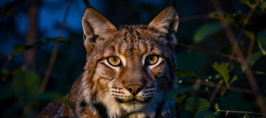Primer plano del rostro de un lince con ojos brillantes que observa con atención entre la vegetación oscura de un bosque al anochecer.
