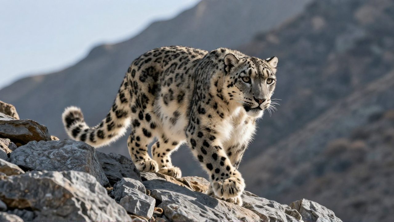 Un leopardo de las nieves camina con agilidad sobre un terreno montañoso y rocoso.