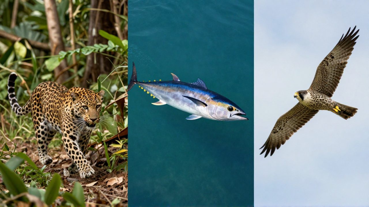 Composición dividida que muestra a un leopardo corriendo en la selva, un atún nadando en el océano y un halcón volando en el cielo.