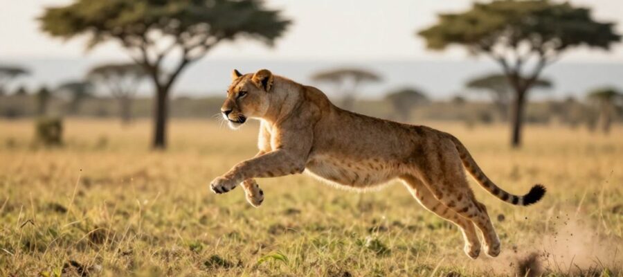Un felino realiza un salto potente en medio de la sabana africana para ejemplificar el desplazamiento terrestre.