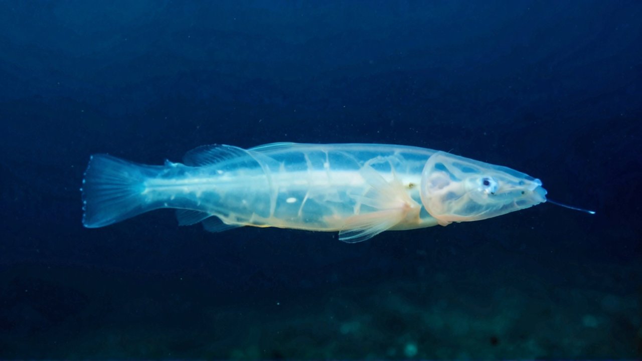 Un pez de cuerpo translúcido nada lentamente en la oscuridad del océano profundo rodeado de partículas orgánicas.