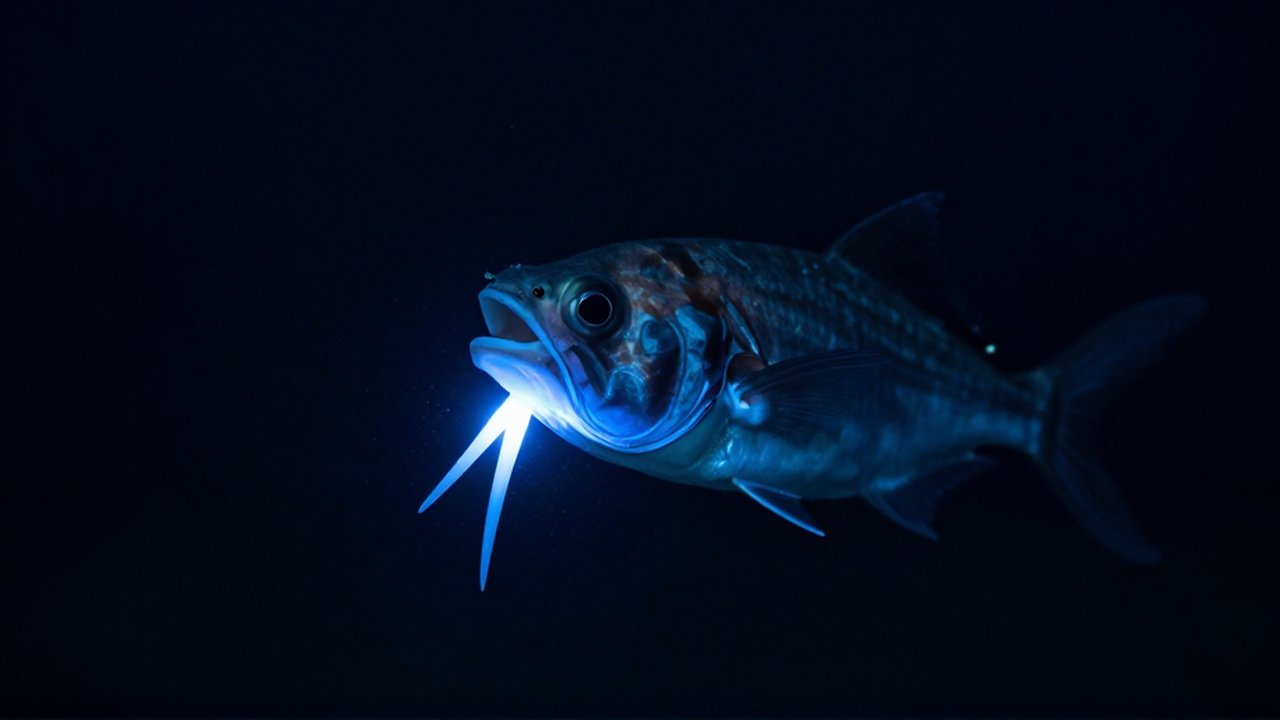 Un pez abisal con piel oscura exhibe un apéndice bioluminiscente de color azul brillante en la oscuridad del océano.