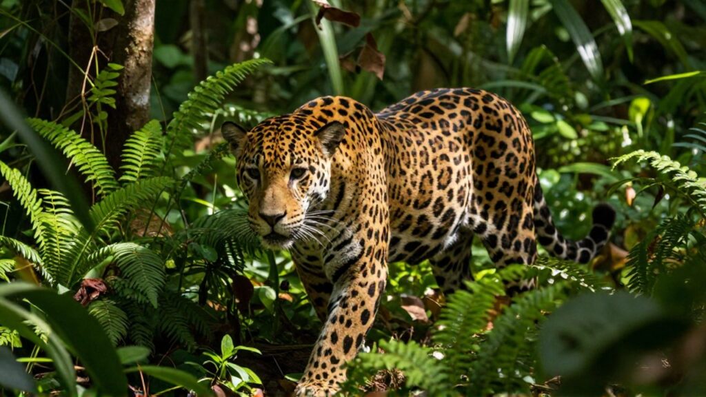 Un jaguar con manchas oscuras camina con cautela entre helechos en una selva tropical.