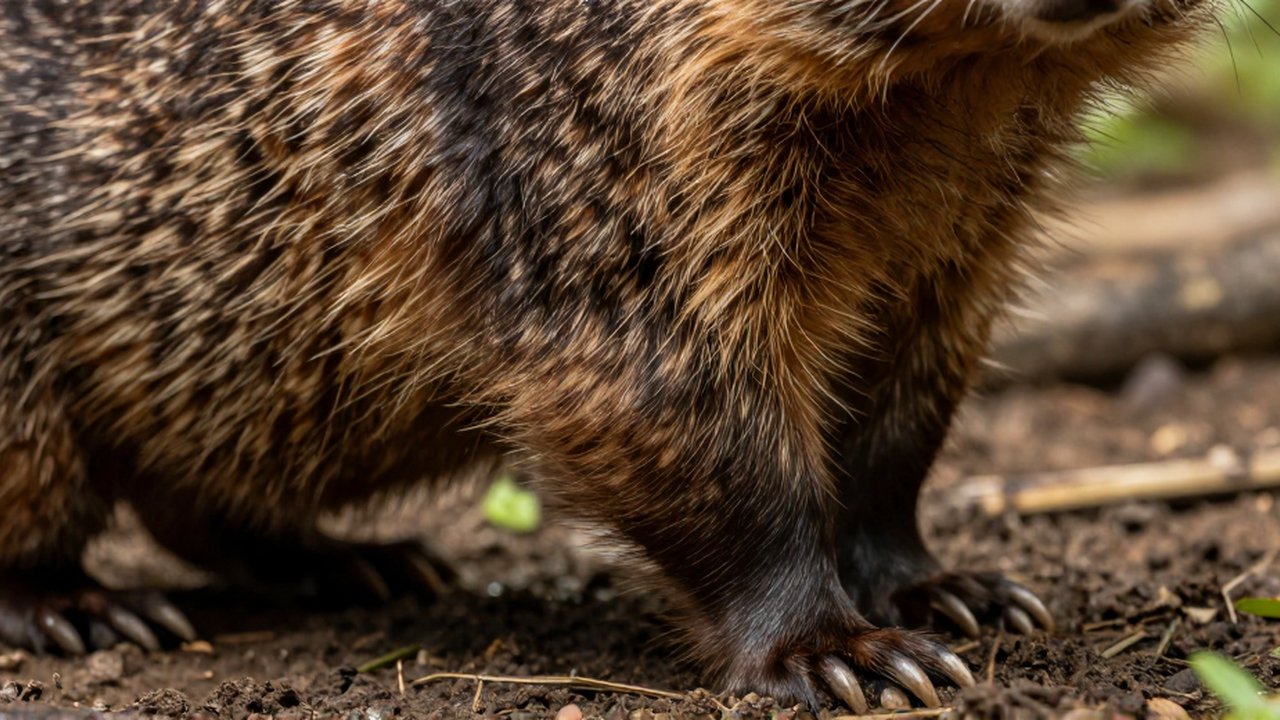 Primer plano del pelaje denso y de una pata con garras para excavar sobre suelo orgánico.