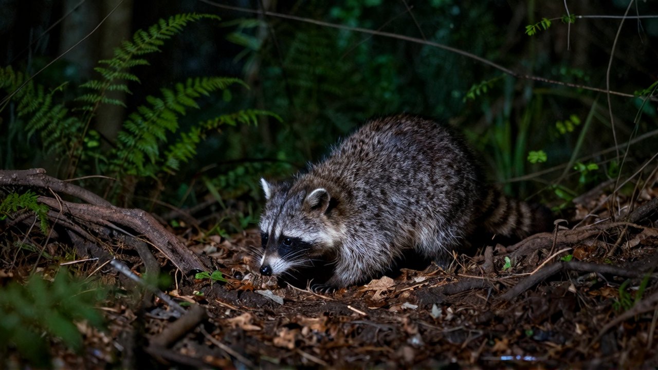 Un pequeño mapache olfatea la tierra húmeda y las hojas entre raíces y helechos nocturnos.