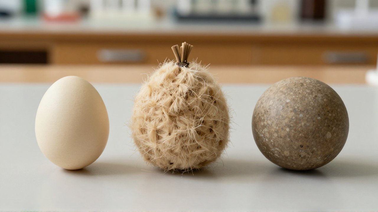 Tres especímenes biológicos, un huevo crema, una bolsa de fibra orgánica y una piedra redondeada, sobre un escritorio de madera.