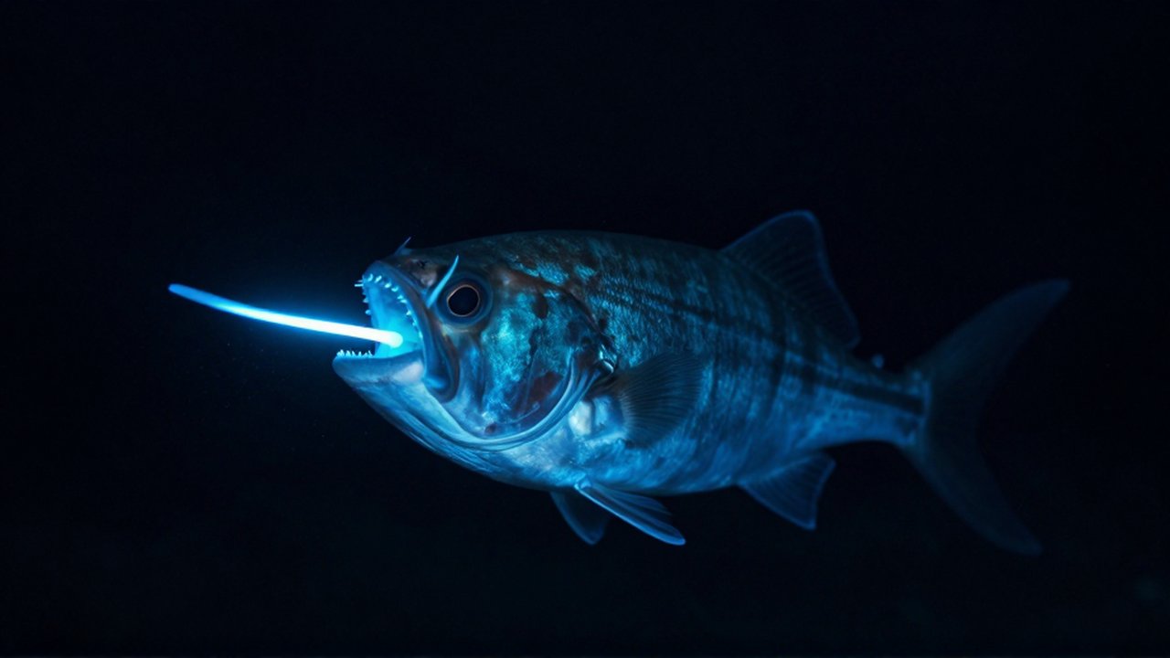 Pez rape de aguas profundas con dientes puntiagudos nada en la oscuridad con un señuelo de luz azul brillante.