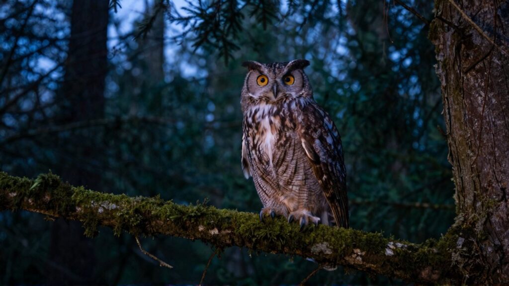 Un búho de plumaje moteado observa fijamente desde una rama cubierta de musgo en un bosque nocturno.