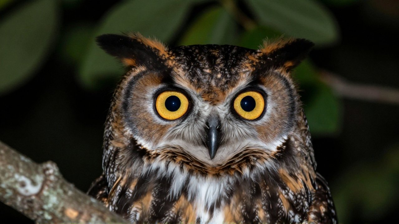 Primer plano de los ojos ámbar de un búho cornudo posado en una rama boscosa.