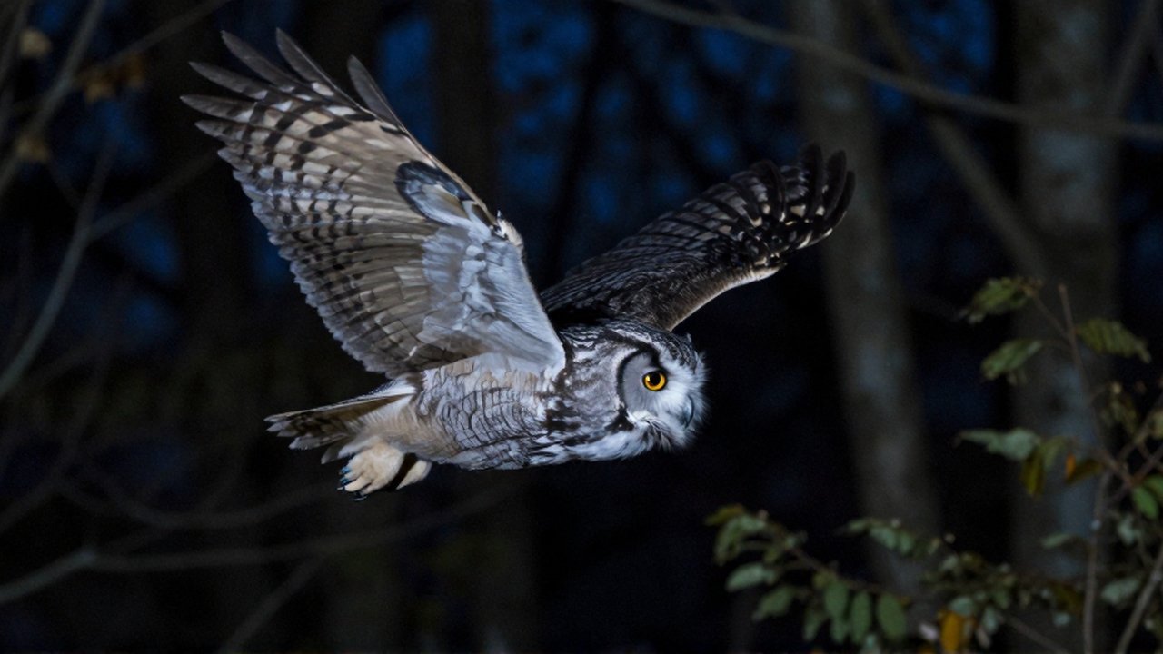 Un búho de alas extendidas vuela de perfil a través de un bosque nocturno iluminado por la luna.
