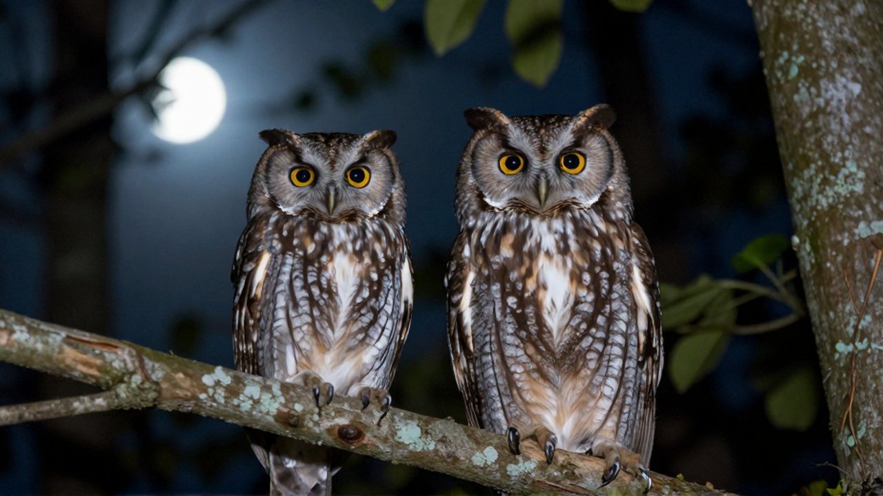 Dos búhos de distintos tamaños posan sobre ramas en un bosque nocturno bajo la luz lunar.