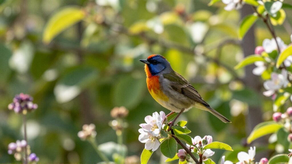 Un pequeño pájaro colorido posado sobre una rama con flores en un jardín soleado.