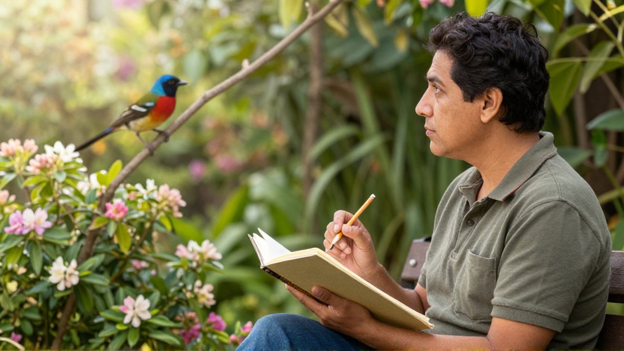Persona sentada en un banco de madera con un cuaderno y lápiz frente a un arbusto florido.