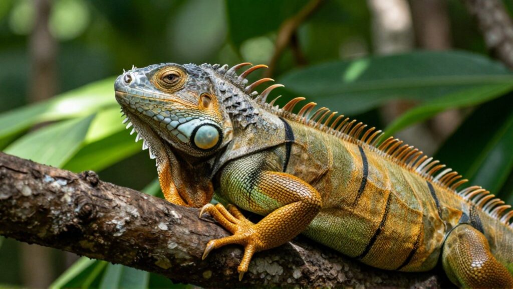 Primer plano de una iguana verde con escamas detalladas sobre una rama en un entorno tropical.