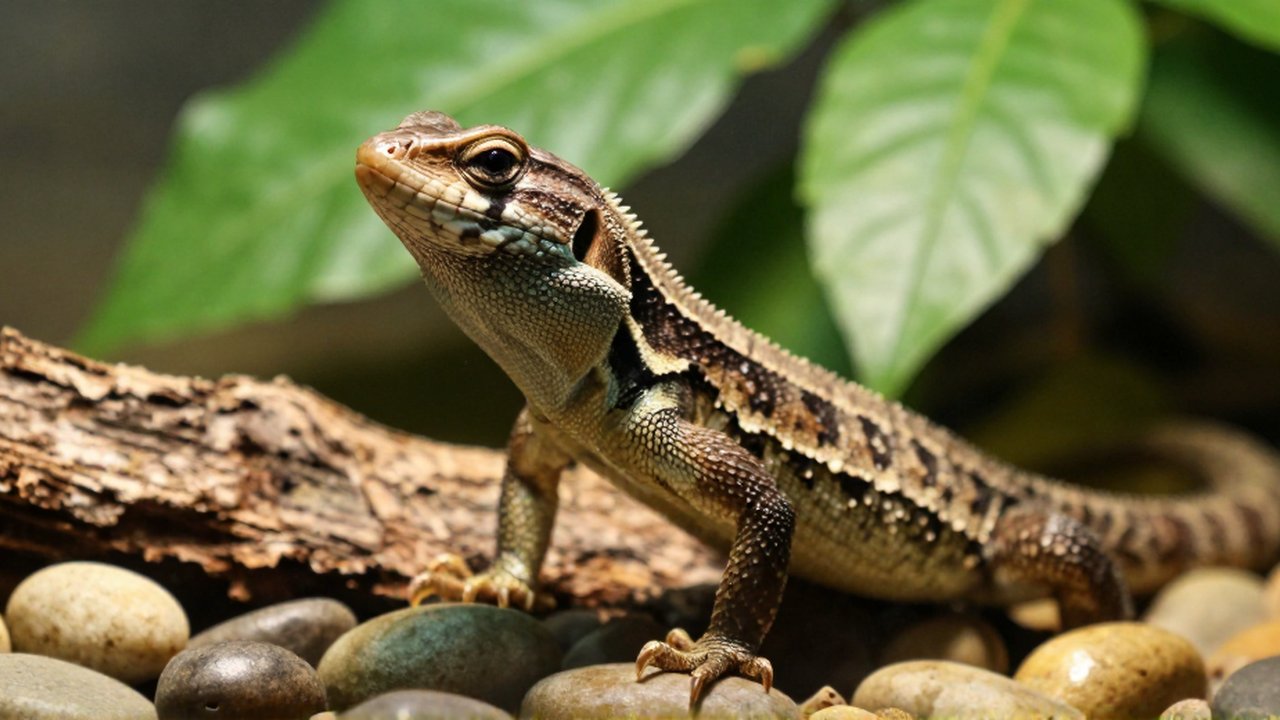 Lagarto común con la cabeza levantada sobre corteza y piedras en un terrario.