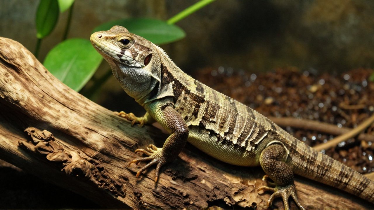 Un lagarto infla sus costados mientras se encuentra sobre un tronco de madera en un vivario.