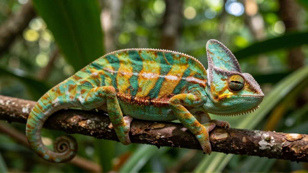 Camaleón de tonos esmeralda y ámbar posado sobre una rama en una selva tropical.