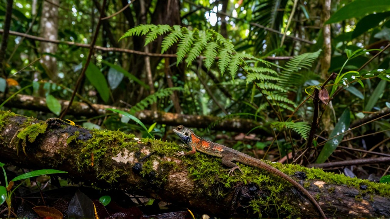 Un pequeño lagarto colorido camina sobre troncos con musgo y helecos en un bosque tropical.