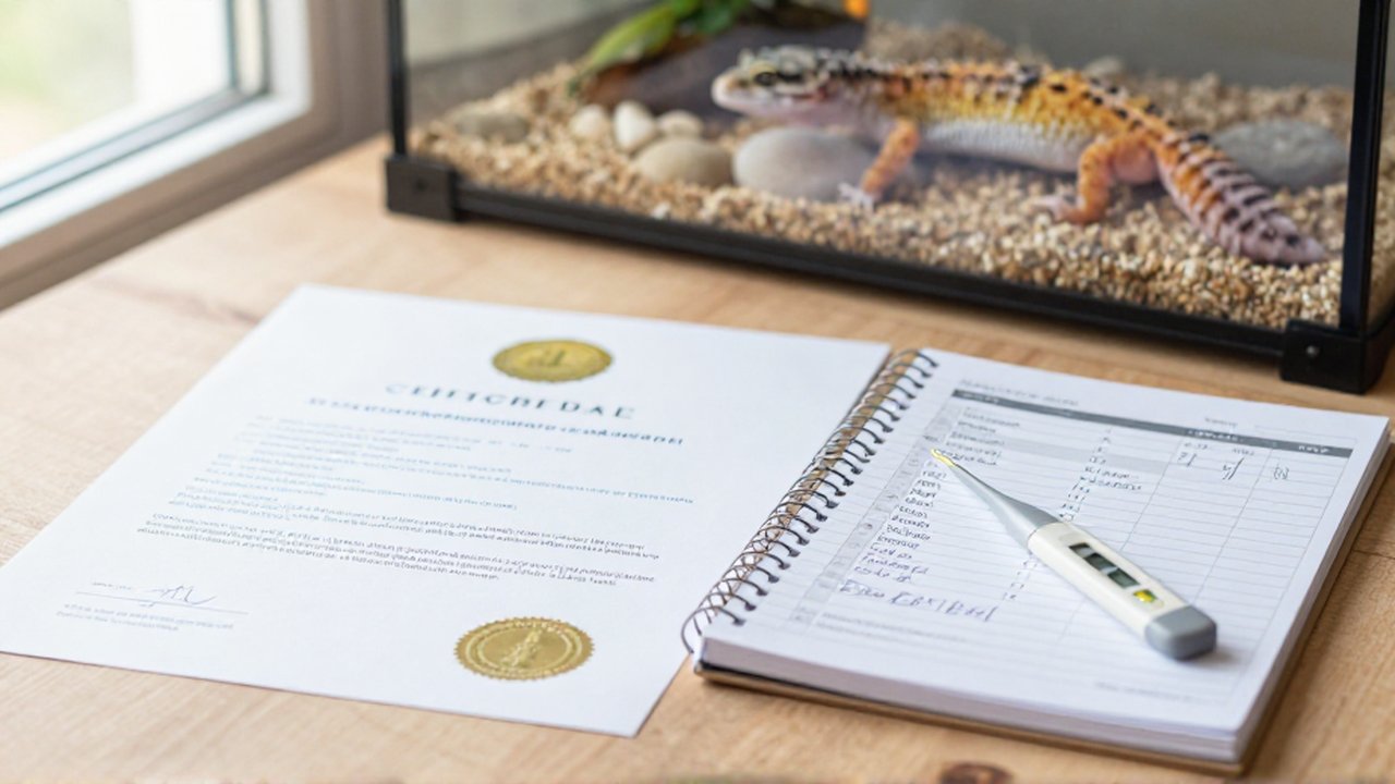Documentación organizada, un cuaderno con anotaciones y un termómetro sobre un escritorio de madera junto a un terrario con un gecko leopardo.
