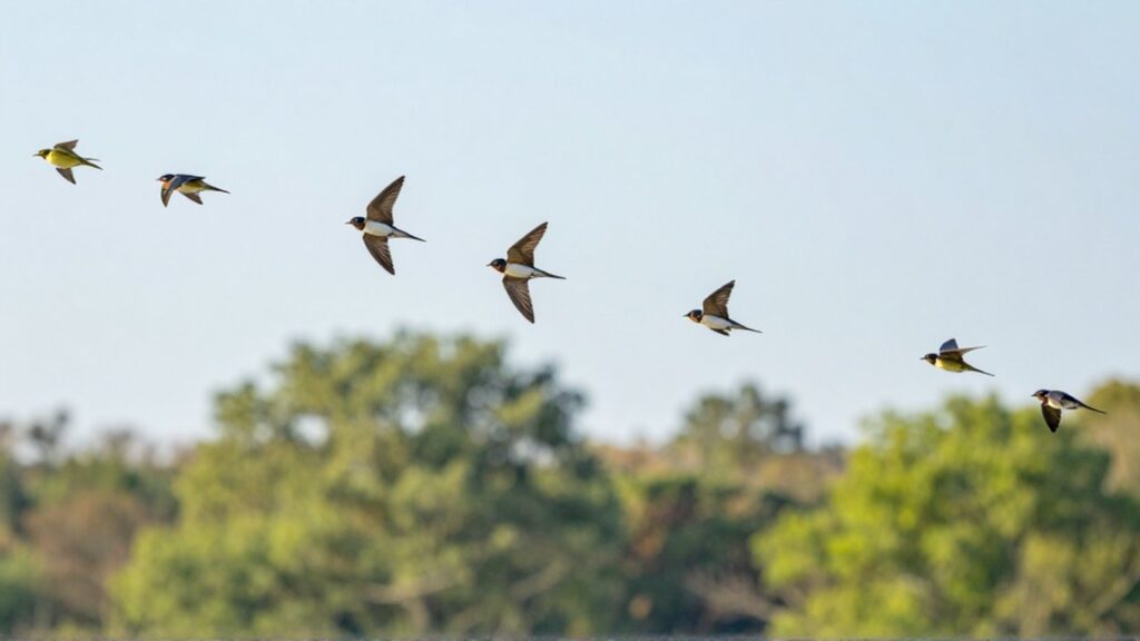 Varias aves migratorias vuelan en diagonal sobre la copa de un bosque verde bajo un cielo despejado.