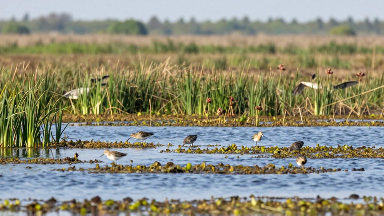 Varias aves migratorias buscan alimento entre juncos y vegetación flotante en un humedal de agua poco profunda.