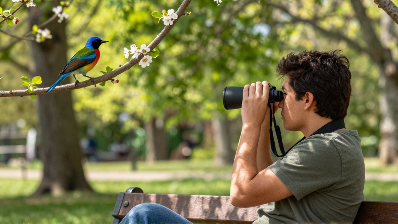 Persona con rasgos latinoamericanos observa un ave colorida sobre una rama en un parque soleado.