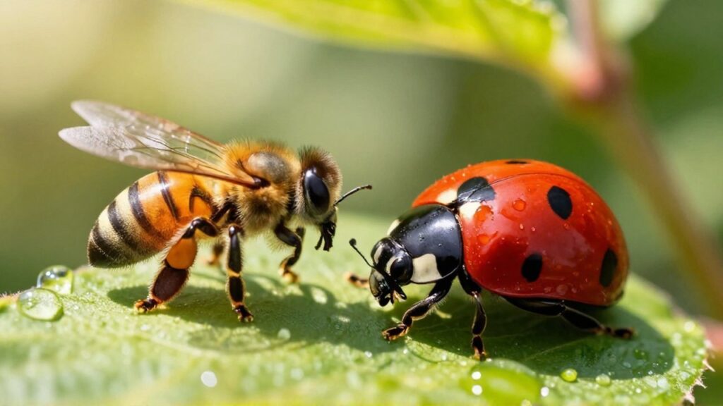 Una mariquita y una abeja aterrizan sobre una hoja verde con gotas de rocío.