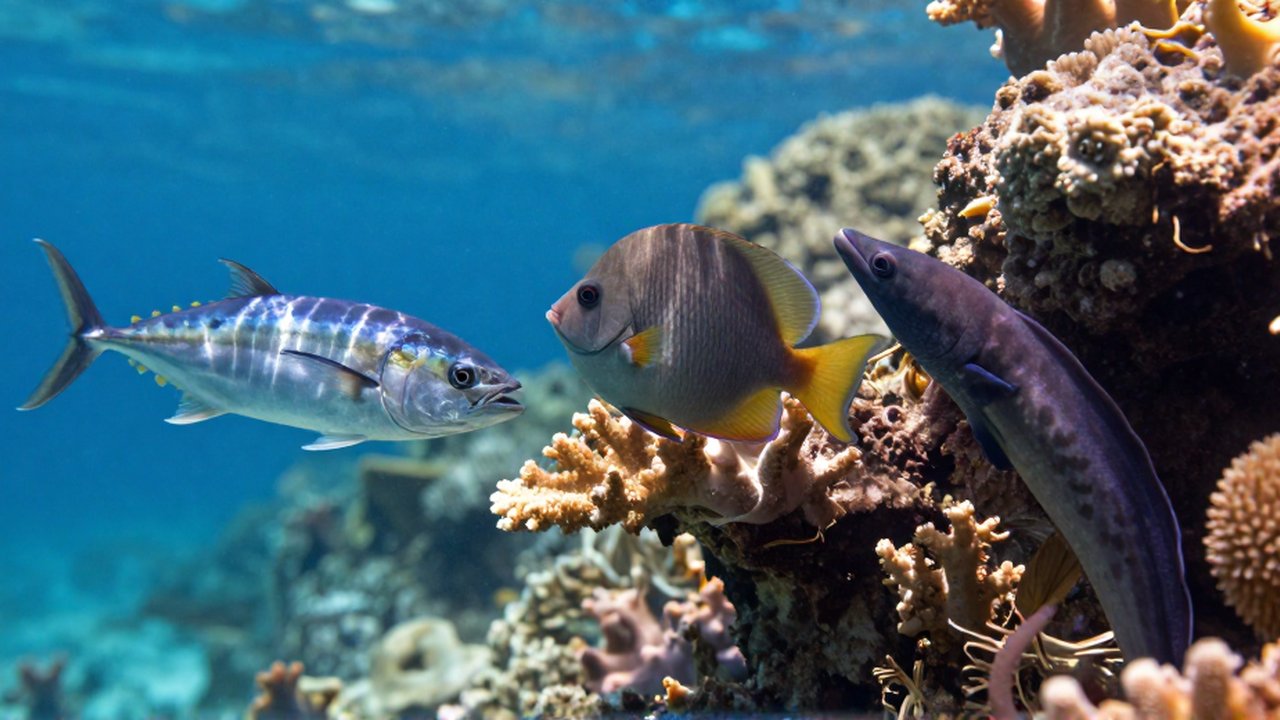 Tres especies de peces con distintas formas nadan entre corales y rocas bajo el agua.