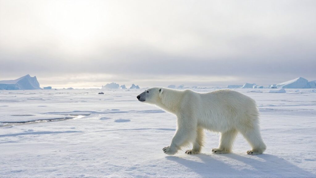 Un oso polar camina sobre un bloque de hielo agrietado frente a un horizonte gélido.
