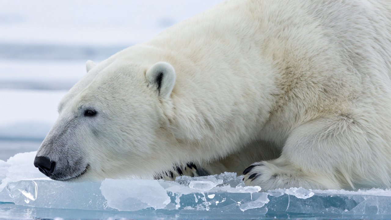 Primer plano del pelaje blanco y denso de un oso polar sobre hielo azul.
