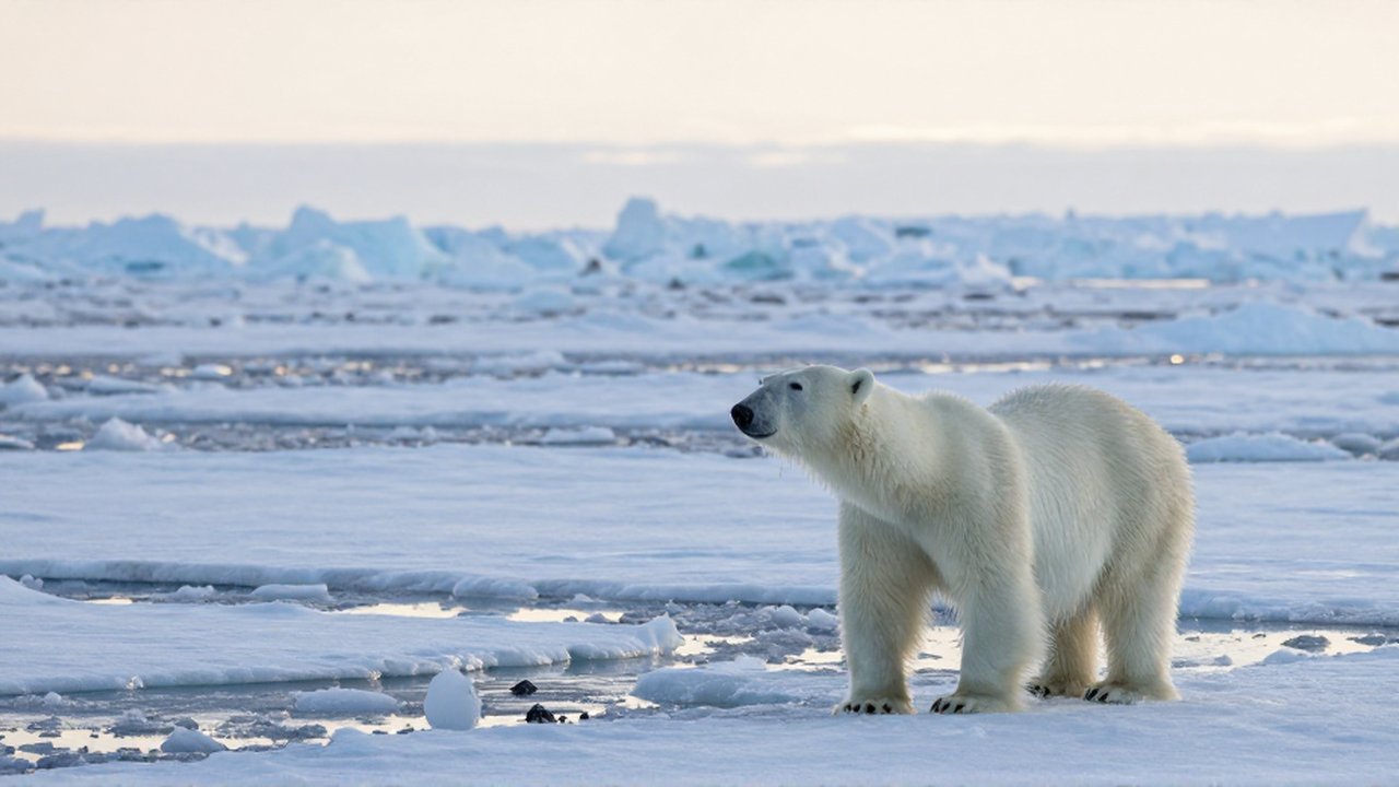 Un oso polar camina entre fragmentos de hielo flotante en un océano de tonos azules.