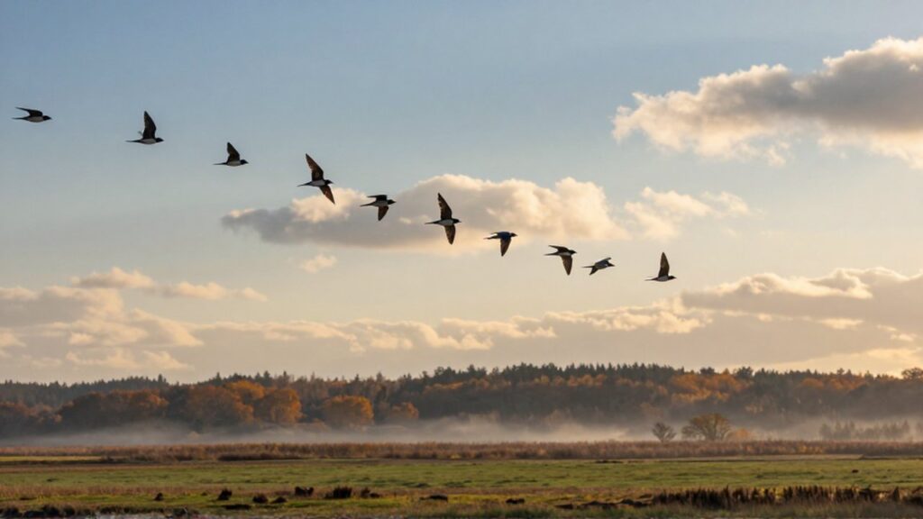 Bandada de aves migratorias vuela en formación de V sobre un paisaje de humedales y bosques.