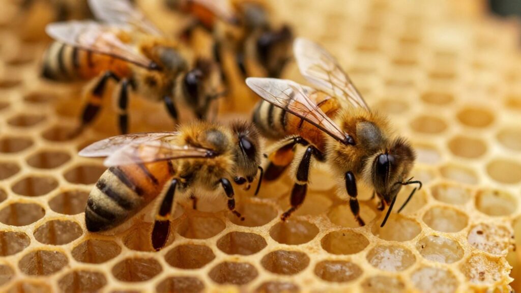 Varias abejas interactúan sobre las celdas hexagonales de un panal de cera dorada.