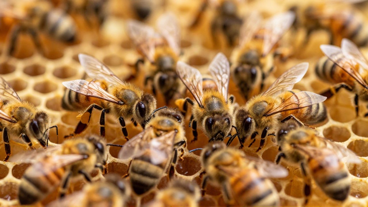 Abejas baten sus alas cerca de las celdas hexagonales de cera para regular la temperatura de la colmena.