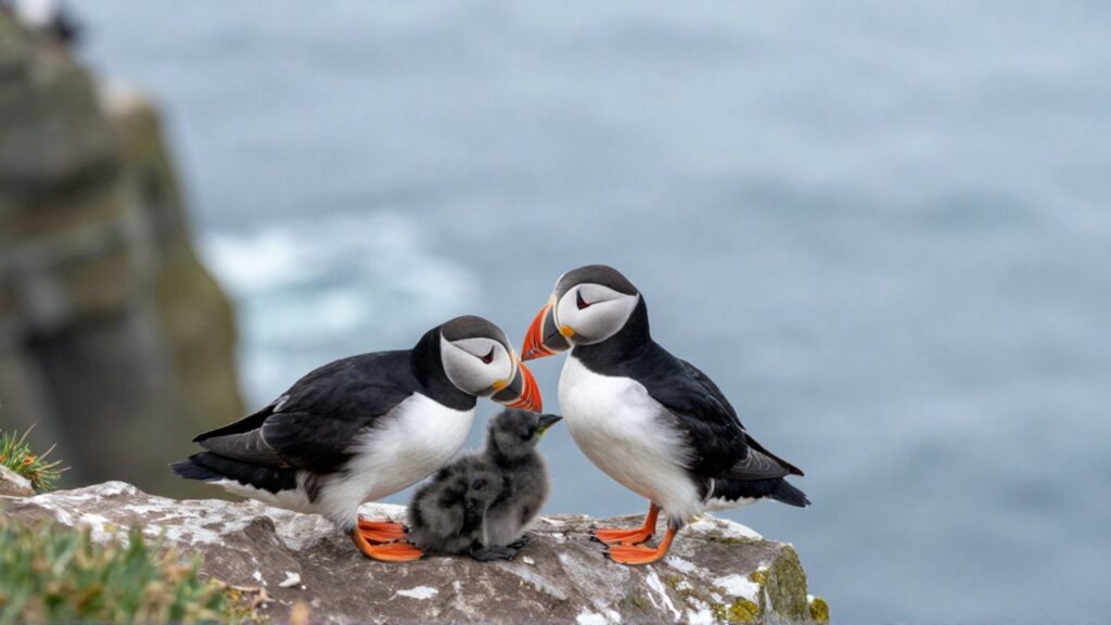 Dos aves marinas acarician con el pico a su pequeño polluelo sobre un risco costero.