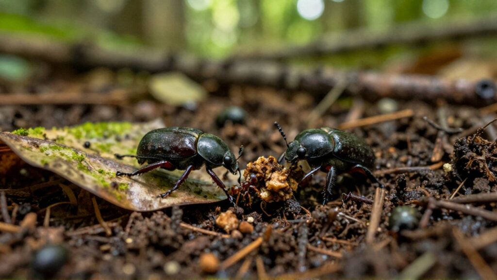 Un escarabajo y una hormiga interactúan con una hoja con musgo y tierra húmeda.