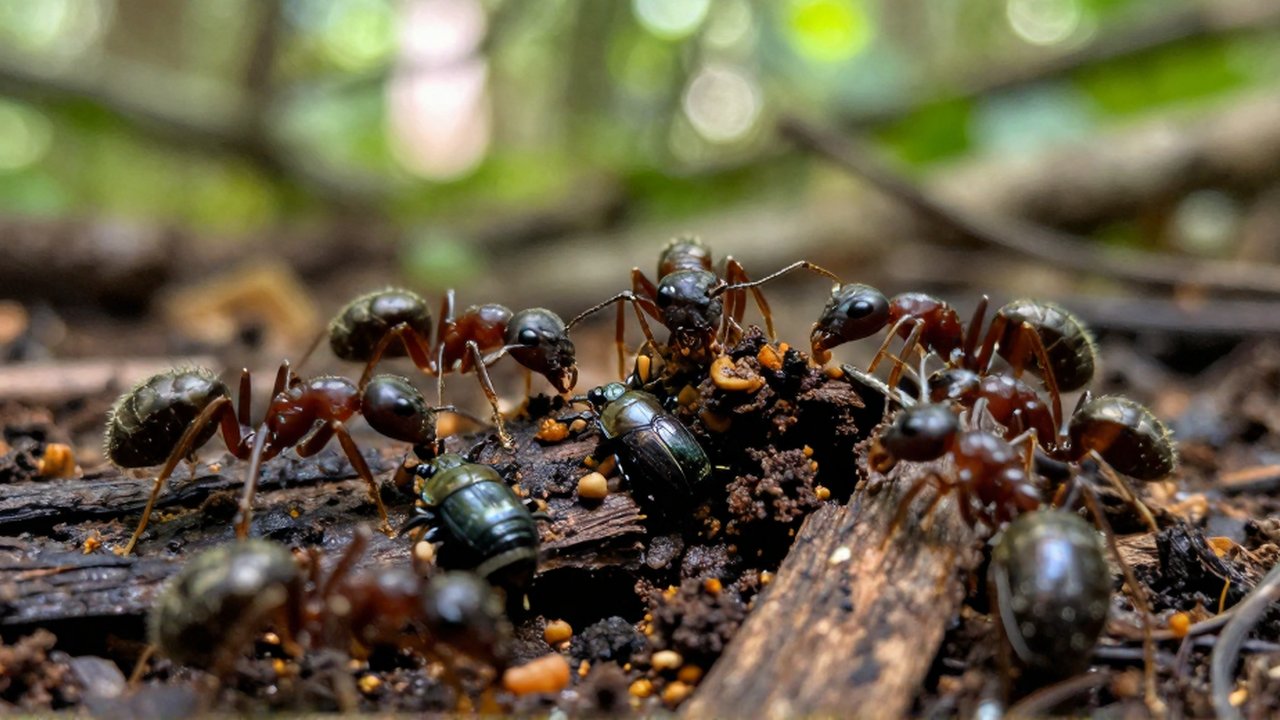 Hormigas carpinteras y escarabajos peloteros se desplazan sobre madera en descomposición en el suelo de un bosque.