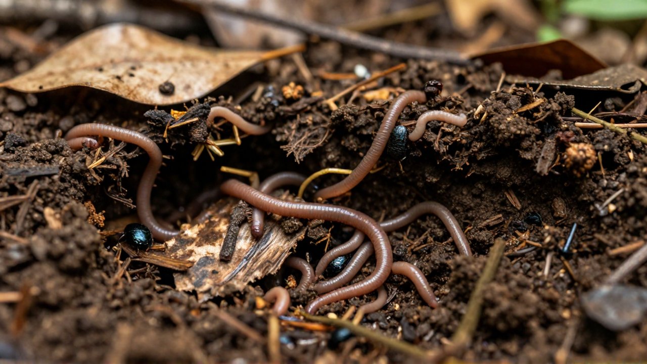 Lombrices y pequeños escarabajos se desplazan entre hojas en descomposición y tierra húmeda.