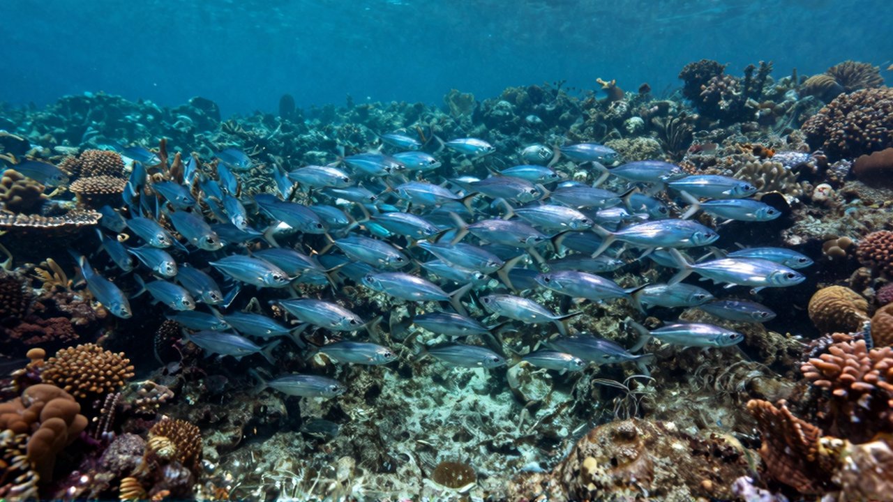 Un gran banco de peces plateados nada de forma sincronizada entre arrecifes de coral.