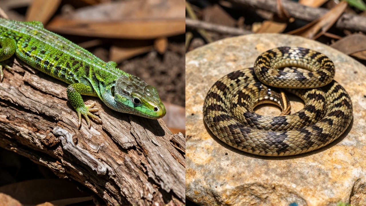 Un lagarto verde sobre corteza seca junto a una serpiente con patrones enroscada en una piedra.