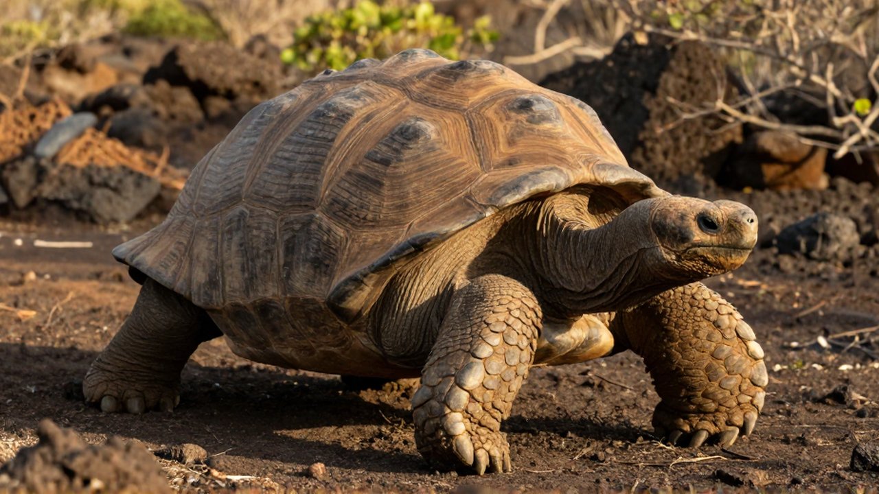 Una tortuga gigante camina sobre terreno seco y vegetación escasa en un matorral volcánico.