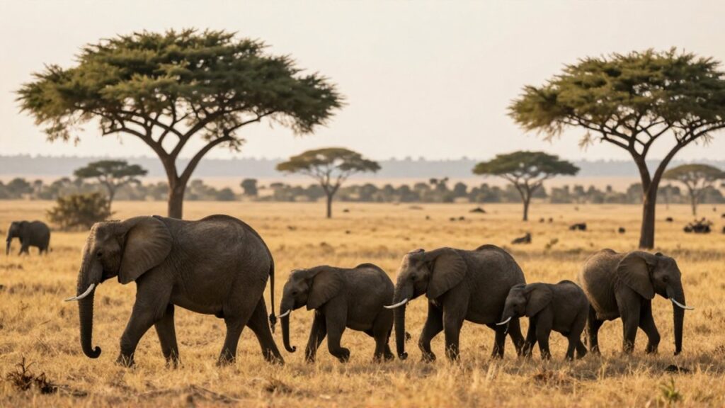 Un grupo de elefantes africanos camina en fila por una sabana de pastos dorados.