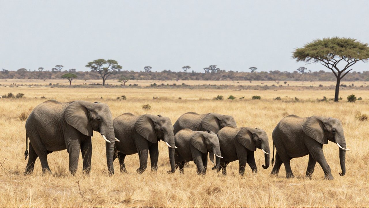 Un grupo de elefantes africanos camina por una sabana de hierba dorada bajo un cielo despejado.