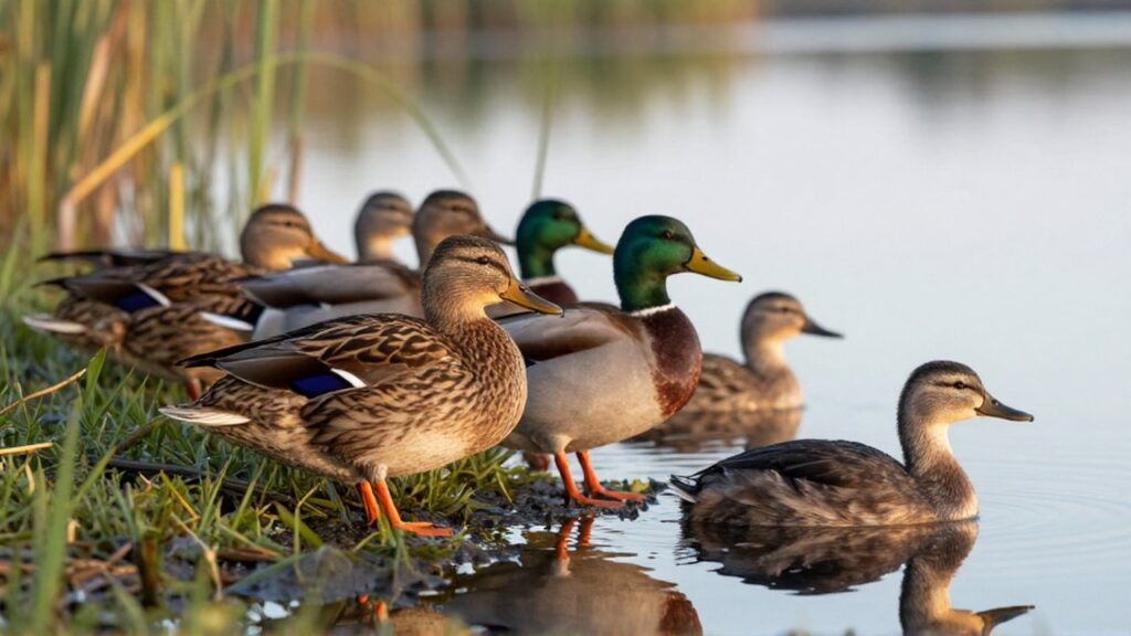 Un pato mallard y un somormujo descansan junto a la orilla de un humedal con juncos.