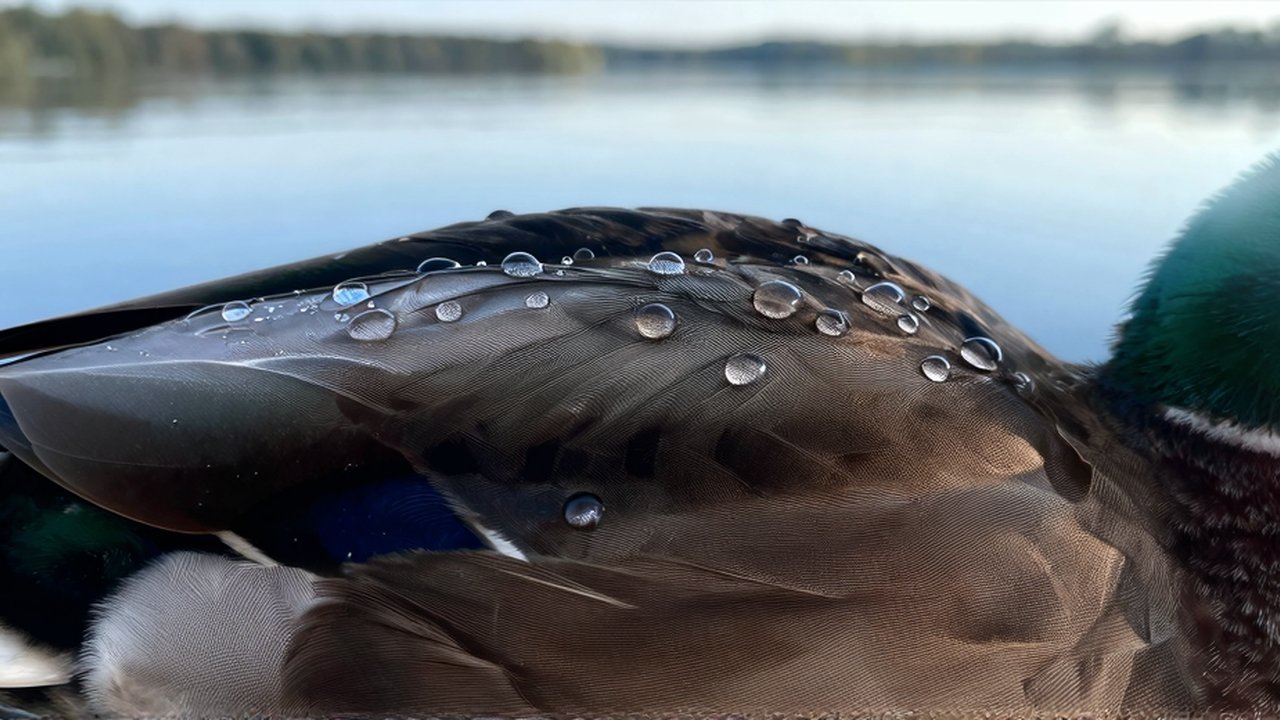 Gotas de agua resbalan sobre las plumas detalladas de un pato de collar junto a un lago.