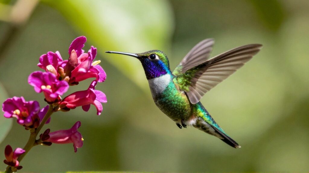 Colibrí de plumaje brillante revolotea frente a flores tropicales en un entorno de selva verde.