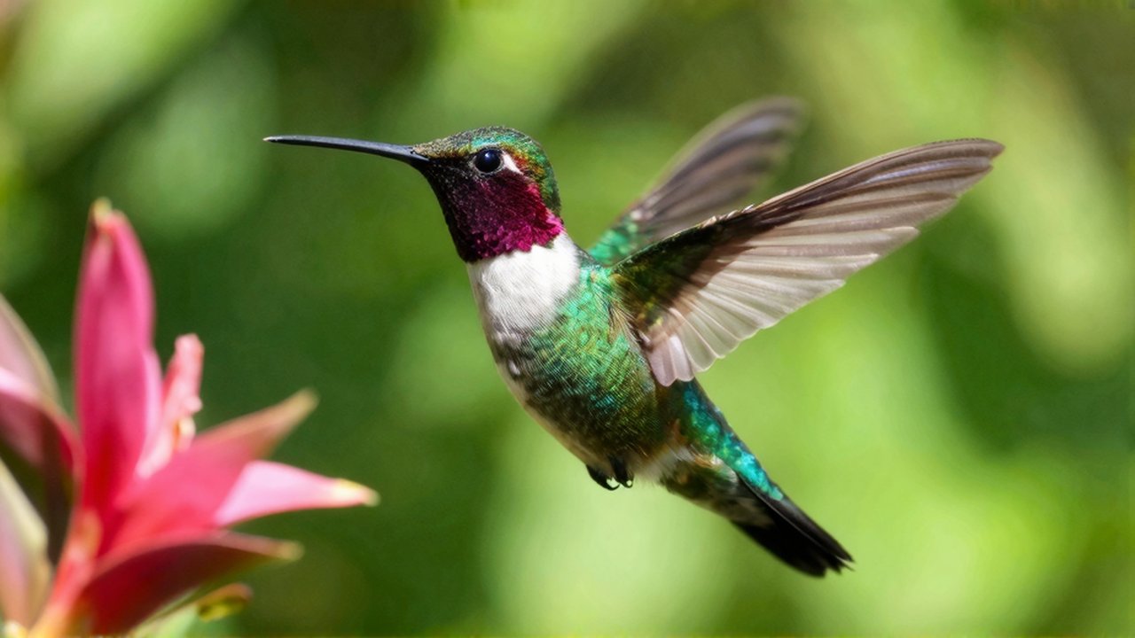 Colibrí de plumaje iridiscente suspendido en el aire junto a una flor tropical entre vegetación verde.