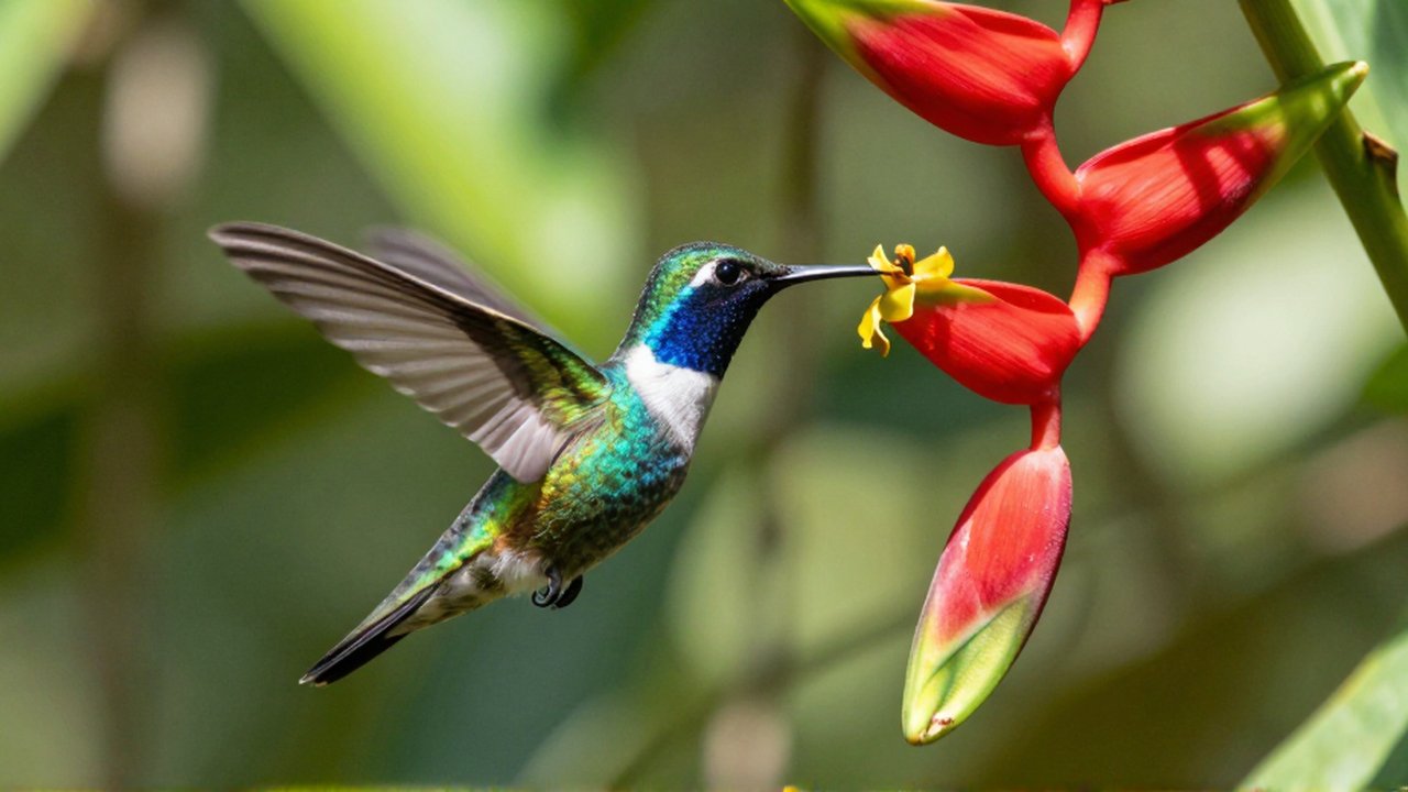 Colibrí de colores brillantes con el pico dentro de una flor roja en un entorno selvático.