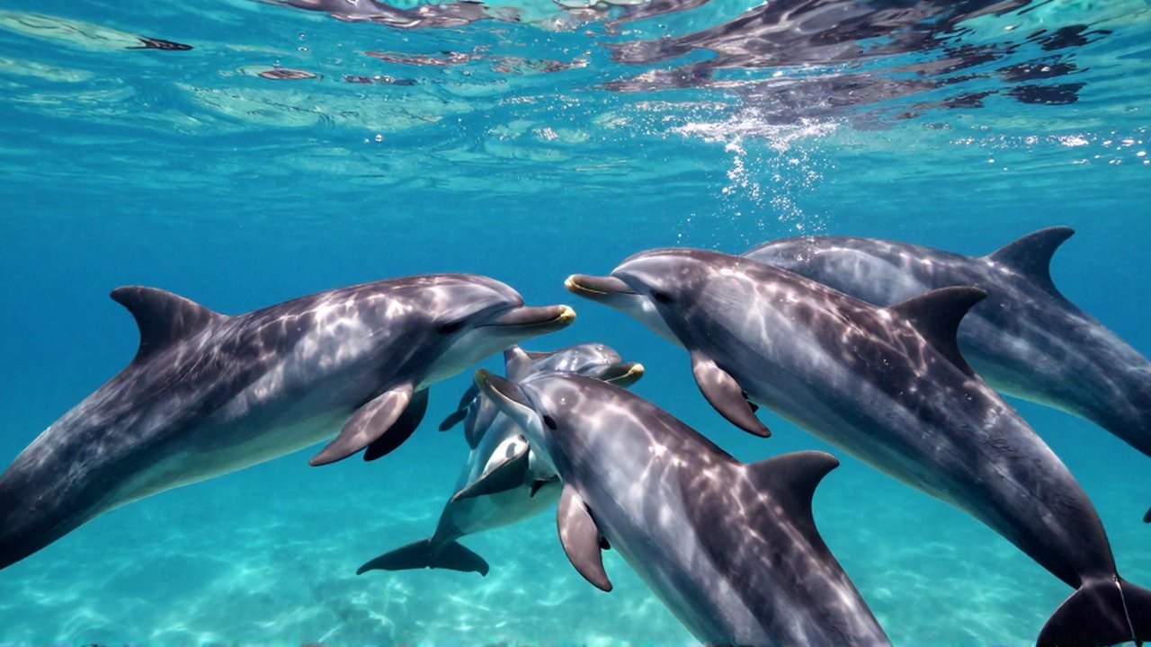 Grupo de delfines mulares nadando juntos en aguas turquesas con burbujas brillantes.